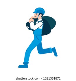 A man or worker in a helmet and coveralls is carrying sacks and bags, isolated vector illustration on white background. A man in flat cartoon style is carrying sacks.