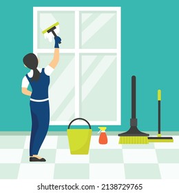 man worker housekeeping cleaning glass Concept, Guy doing chores vector icon design, Industrial cleaning service symbol, office and street caretaker Sign, maintenance appliance and equipment stock