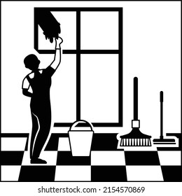 man worker housekeeping cleaning glass Concept, Guy doing chores vector icon design, Industrial cleaning service symbol, office and street caretaker Sign, maintenance appliance and equipment stock