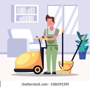 man worker housekeeping with equipment vector illustration design