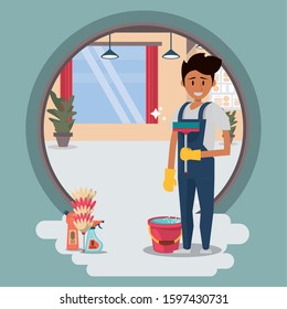 man worker in housekeeping with glass clean equipment vector illustration design