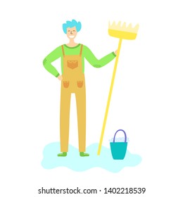 Man worker in jumpsuit with mop. Clean public areas, cleaning and caring service for home and office concept. Sweeping and mopping floor. Colorful, modern, fun, bright and flat vector illustration