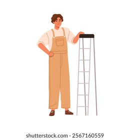 Man worker with ladder. Builder, repairman in overalls standing with stepladder for building work. Professional master, workman, laborer. Flat vector illustration isolated on white background