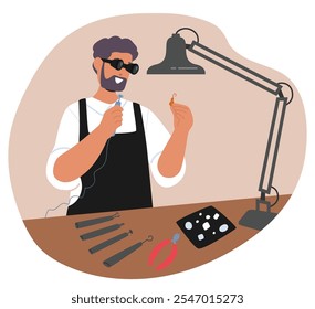 Man worker making handcraft jewelry from gold, silver with precious gems and stones. Male designer creating personal artisan luxury accessories goods for special order at workshop vector illustration