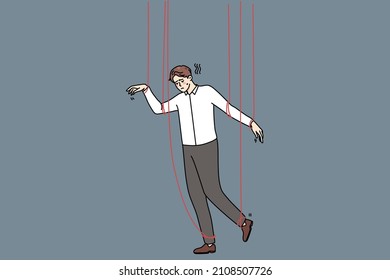 Man worker as marionette dominated at work by boss or employer. Male employee manipulation domination in office. Puppeteering and exploitation concept. Flat vector illustration. 