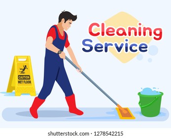 Man worker mopping the floor. Male Cleaning Service. Vector illustration in a flat style