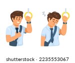 Man worker on train fit and tired and sleepy character set illustration vector