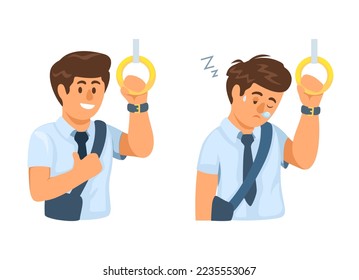 Man worker on train fit and tired and sleepy character set illustration vector