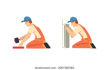 Mann-Mitarbeiter in Orange Insgesamt und Blue Cap Hammering und Installation Heizstrahler Vektor Set