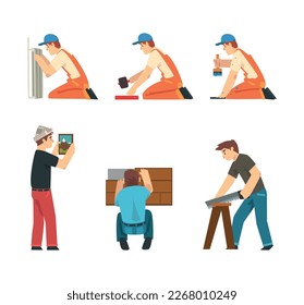 Man Worker in Overall Doing Maintenance Work Vector Set