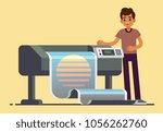 Man worker at plotter printing wide format large banner vector illustration. Printer and worker in office, printshop and polygraphy