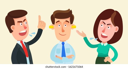 Man worker plugged ears with earplugs and does not listen to anyone. Man and woman yell at to him. Concept of indifference, ignoring. Business vector illustration, flat cartoon style, isolated.