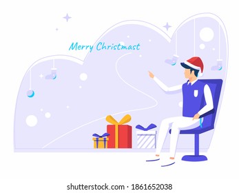 Man worker pointed out that Christmas has arrived. gift box for friend. modern flat vector illustration.