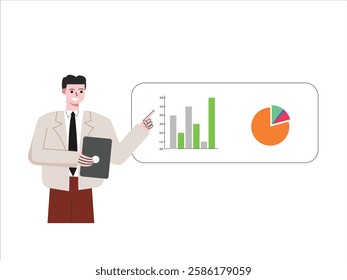 Man worker is presenting her analysis results. Man worker is looking at statistics, chart, sales increase, invest, company success. Flat design vector illustration isolated on white background