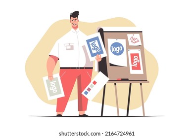 Man worker presenting samples on meeting vector illustration. Board with different examples for promotion flat style. Marketing, business, presentation concept. Isolated on white background