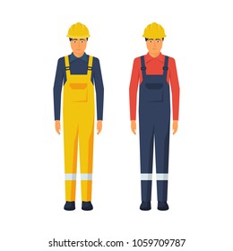 Man worker. Protective uniform and safety helmet. Vector illustration flat design. Isolated on white background. Cartoon style.