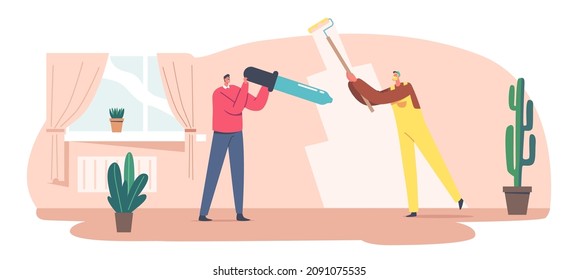 Mann Mitarbeiter mit Roller und Designer Charakter mit Pipette Painting Walls im Wohnzimmer Making Apartment Renovierung, Dekorieren Innendesign, Haushalt Service. Cartoon-Vektorgrafik