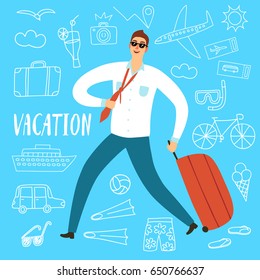 Man worker running with suitcase. Including doodle drawings: airplane, ship; suitcase, food and different beach stuff. Summer vacation illustration for your design.