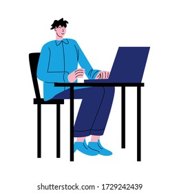 Man worker sitting on chair and working with computer in office vector illustration