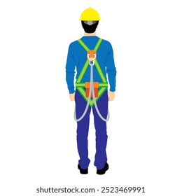 Mann der Arbeiter stehende Rückansicht mit Schuhen, langärmeliges Hemd, Hardhat, Ganzkörper-Geschirr, und Hosen-Illustration.