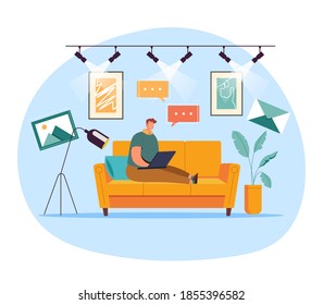 Man worker student laying on sofa and working at computer concept. Vector flat cartoon graphic design illustration