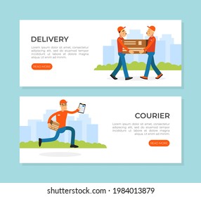 Man Worker in Uniform with Cardboard Box as Delivery and Moving Service Landing Page Vector Template