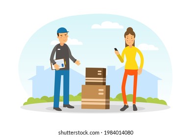 Man Worker in Uniform with Cardboard Box as Delivery and Moving Service Vector Illustration