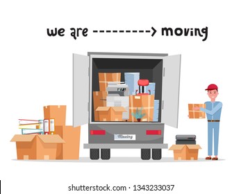 Man worker in uniform with cardboard boxes. Moving office. Transport company. Box in hand. Cute loader. Boxes with corporate things. Moving service. lettering we are moving. Vector flat illustration