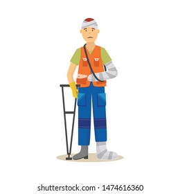 Man worker in uniform with foot and hand injury flat vector illustration isolated on white background. Concept of accident and risk at work place or insurance case icon.