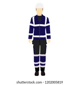 Man worker in uniform. Professional protective clothes, boots and white safety helmet. 