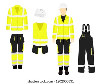 Man worker in uniform. Professional protective clothes, boots and yellow safety helmet. Various turns man's figure. Front view, side and back view. 