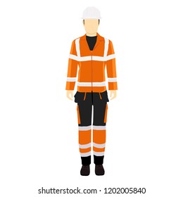 Hombre trabajador en uniforme. Profesional de ropa protectora, botas y casco de seguridad blanco. 