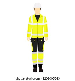 Man worker in uniform. Professional protective clothes, boots and white safety helmet. 