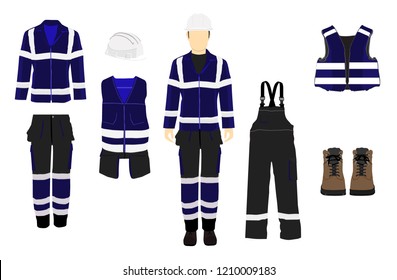 Man worker in uniform. Professional protective clothes, boots and  safety helmet. Various turns man's figure. Front view, side and back view.