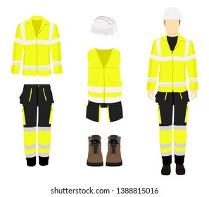 Man worker in uniform. Professional protective clothes, boots and safety helmet. Man's figure. 