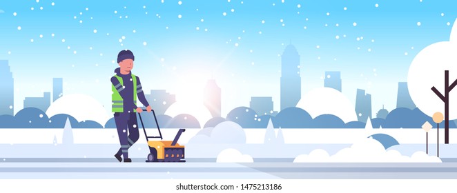 man worker in uniform using snowblower snow removal winter street cleaning service concept cleaner pushing snow thrower modern cityscape sunrise background flat full length