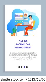 Man worker using laptop, workplace with cat, freelancer sitting on chair with wireless device on desktop, interface of board, technology vector. Website slider app template, landing page flat style