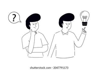 Man worker waits for appearance of new creative idea. Concept of uploading creative idea. Set of businessmen. Search for answers to questions. Line art, hand draw and doodle. Flat vector illustration