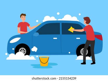 Man worker washing car in flat design. Car wash service center.