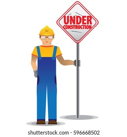 man worker with yellow jumpsuit and yellow helmet holding under construction sign, vector illustration