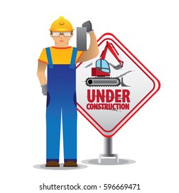 man worker with yellow jumpsuit and yellow helmet holding brick in front of under construction sign, vector illustration