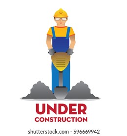 man worker with yellow jumpsuit and yellow helmet holding drill, vector illustration