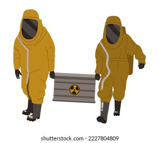 Trabajador de hombre en caja de carga de traje protector amarillo con ilustración de vectores de desechos radiactivos