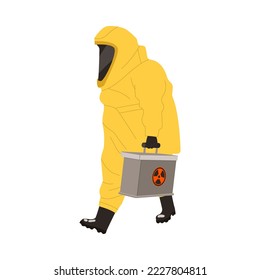Man Worker in Yellow Protective Suit Carrying Box with Radioactive Waste Vector Illustration