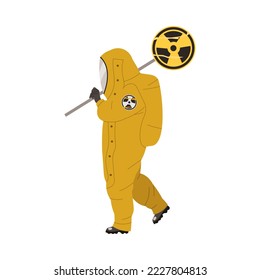 Man Worker in Yellow Protective Suit Carrying Banner with Radioactive Waste Sign Vector Illustration