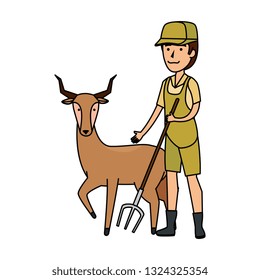 man worker of zoo with antelope