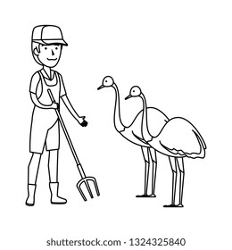 man worker of zoo with ostrich