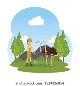 man worker of zoo with ostrich in the field