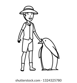 man worker of zoo with penguin