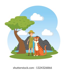 man worker of zoo with tiger in the landscape